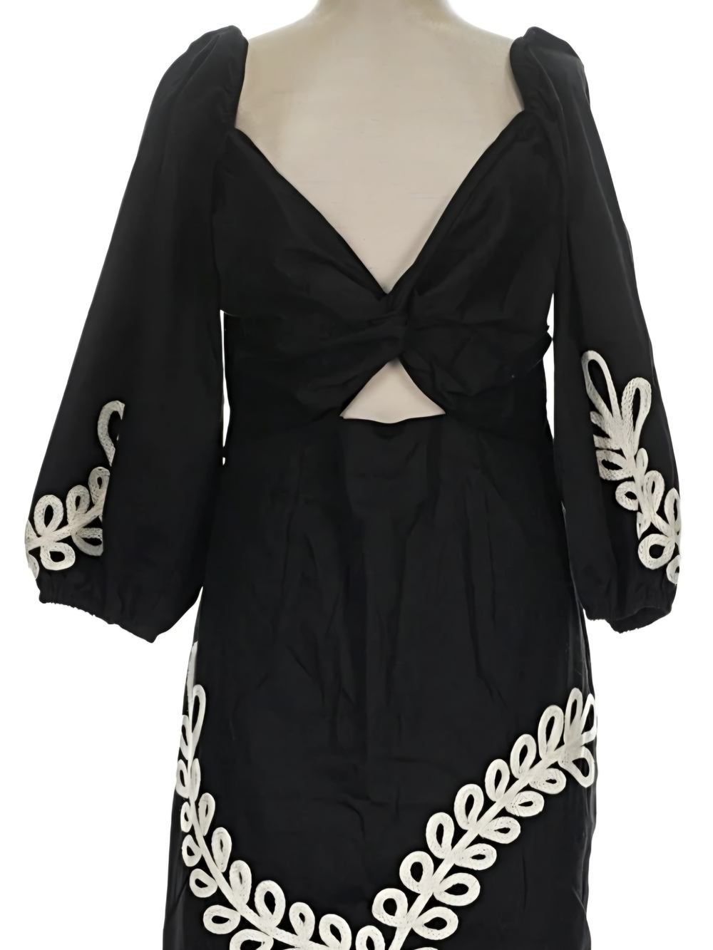 H&M Black Long-Sleeve Dress with White Leaf Embroidery